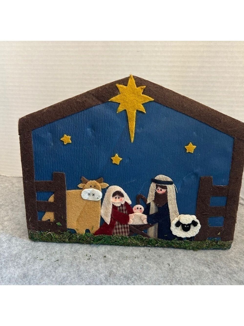 Nativity Scene Polymer Clay Figurines in Felt Decorated Box 9.5x7x5
